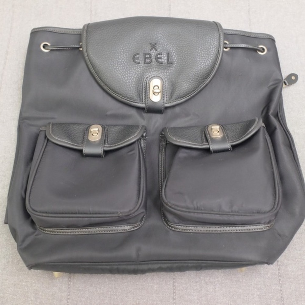 Ebel Black Nylon Faux Leather Turn Lock Cinch‎ Top Travel Backpack